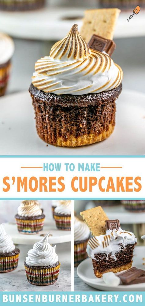 Elevate your baking game with these delightful S'mores Cupcakes! Experience the joy of s'mores anytime with layers of graham cracker, chocolate cupcake, and marshmallow meringue. S'mores Cupcakes Marshmallow Frosting, Smore Cupcakes Recipe, S’mores Cupcakes With Marshmallow Frosting, Smore Cupcakes Easy, S'more Cupcakes, S’more Cupcake Recipe, S’more Cupcakes, S’mores Cupcake, Campfire S’mores Cupcakes