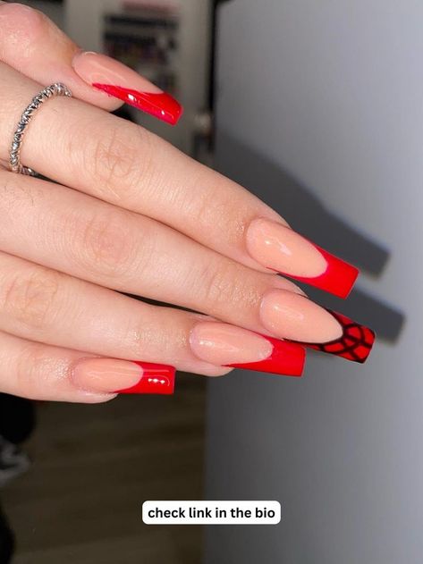 Spider-Man nails Red French Tip Nail Designs, Red French Tip Nails, Tip Nail Designs, Red French Tip, Short Coffin Nails Designs, Bright Summer Nails Designs, Nails Acrylic Short, Disney Acrylic Nails, Halloween Acrylic Nails