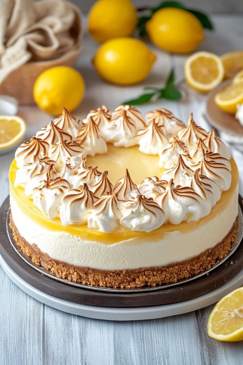 Combine the best of both worlds with Lemon Meringue Cheesecake, featuring a zesty lemon base and a fluffy meringue topping. This dessert is a bright and beautiful addition to any meal, offering a sweet and tangy flavor profile. #LemonCheesecake #MeringueTopping #DessertLove Fluffy Meringue, Meringue Cheesecake, Meringue Topping, Lemon Meringue Cheesecake, Baked Meringue, Vacation Food, No Bake Lemon Cheesecake, Vacation Meals, Meringue Pie