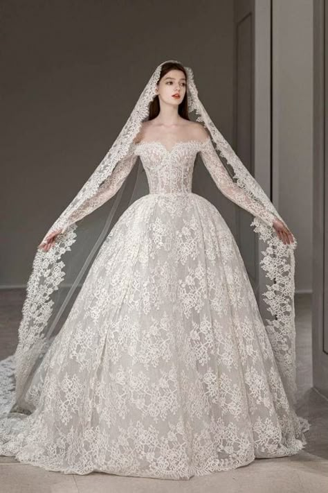 Off The Shoulder Wedding Dress Ball Gown White Long Train, Conservative Wedding Gown, Cathedral Veil With Ball Gown, Elie Saab Bridal Zuhair Murad Wedding Dresses, Conservative Wedding Dresses, Queen Wedding Dress Medieval, Regal Wedding Dress, Wedding Dresses Fabric, Conservative Wedding Dress