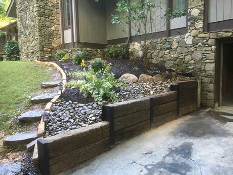 Wood Retaining Wall Ideas Hillside, Galvanized Retaining Wall, Landscaping With Railroad Ties, Railway Ties Landscaping, Cross Ties Landscaping, Railroad Ties Garden Bed, Railroad Ties Landscaping Retaining Walls, Railroad Ties Landscaping Flower Beds, Railroad Ties Retaining Wall