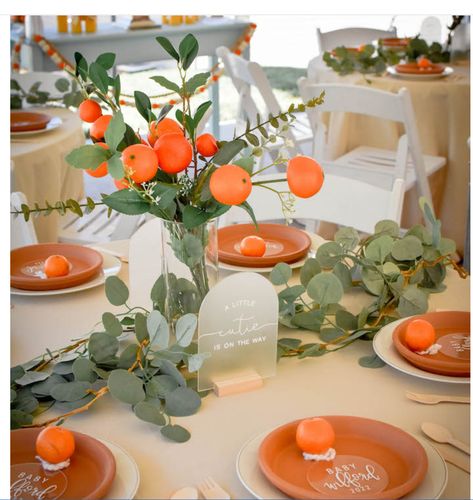 Oranges Centerpiece Ideas, Cutie Orange Centerpiece, Cuties Centerpiece, Little Cutie Baby Shower Table Centerpieces, Little Cutie Centerpiece Ideas, Orange Centerpieces, Baby Shower Table Centerpieces, Orange Baby Shower, Baby Shower Table