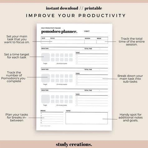 Pomodoro Technique Planner Printable Study Session Planner Time Tracker Time Management A4, A5 and Letter Sizes Instant Download - Etsy Study Session Planner, Excel Ideas, Study Sessions Planner, Study Planner Printable Free, Fun Templates, Printable Forms, Free Planner Templates, Business Hacks, Study Planner Printable