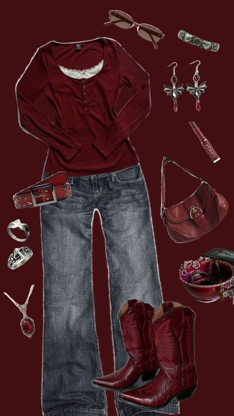 👹❣️ #red #outfit #fit #darkred #clothing #outfits Red Shirt Casual Outfit, Red And Teal Outfit, Burgundy Tank Top Outfit, Dark Red Shirt Outfit, Dark Red Aesthetic Outfit, Red Shirt Outfit Ideas, Red Boot Outfit, Purple And Red Outfit, Red Grunge Outfit