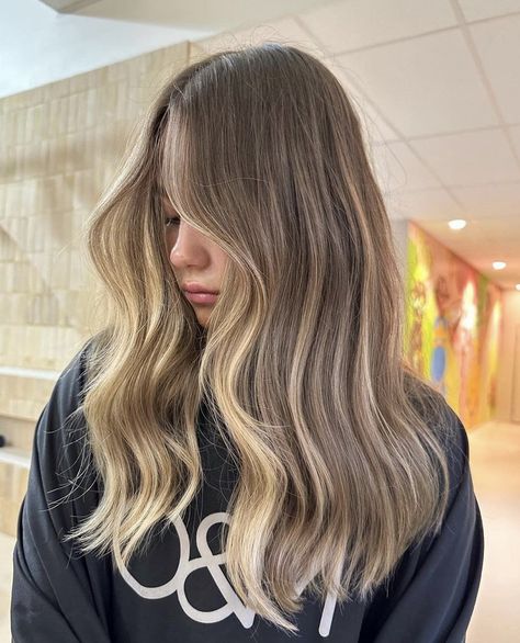 Natural Blonde Curtain Bangs, Dark Lived In Hair, Hair Inspo Face Framing, Honey Balayage On Light Brown Hair, Hair Melt Brown To Blonde, Mini Highlights Hair, Dimensional Light Brown Hair, Baby Blonde Balayage, Face Framing Balayage