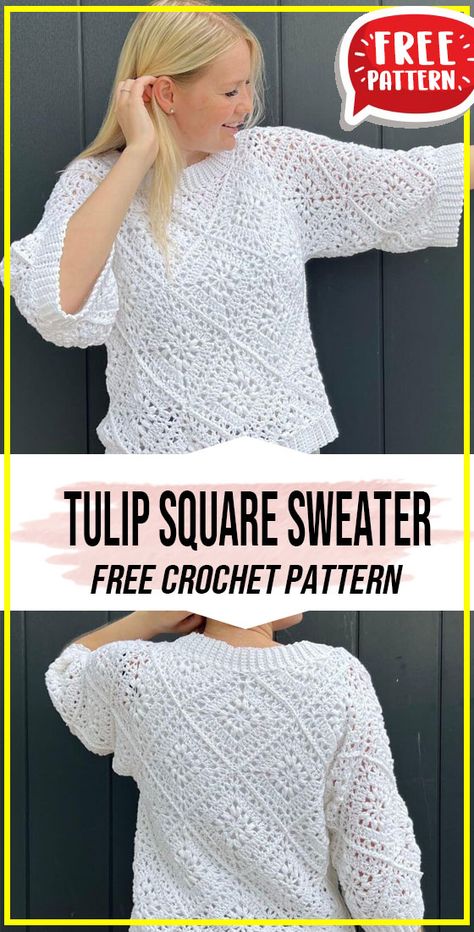 crochet Tulip Square Summer Sweater free pattern - FREE Crochet Tulip Square Summer Sweater Pattern for Beginners. Click to Get the Pattern #Sweater #crochet #crochetpattern   via @shareapattern.com Crochet Sweaters Free, Crochet Granny Top Pattern Free, Quick And Easy Crochet Sweater Pattern Free, Crochet Tunic Pattern Free For Women, Free Sweater Crochet Pattern, Tunic Pattern Free, Crochet Summer Sweater, Crochet Sweater Pattern Free Women, Crochet Jersey