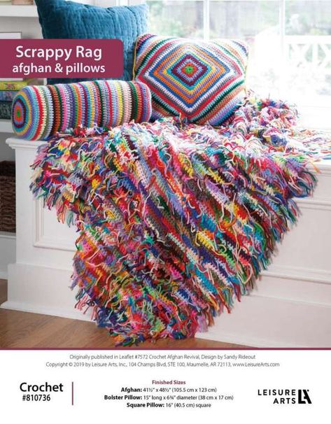 Scrappy Rag Afghan & Pillows Crochet Patterns – Crochet Scrap Yarn Crochet, Crochet Blanket Pattern Easy, Scrap Yarn, Manta Crochet, Afghan Patterns, Leisure Arts, Blanket Patterns, Double Crochet Stitch, Bag Crochet