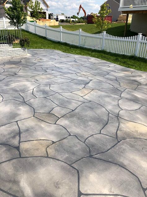 Pebbles Pathway, Flagstone Ideas, Outdoor Patio Flooring Ideas, Decorative Concrete Patio, Concrete Refinishing, Boundry Wall, Stone Patio Designs, Concrete Painting, Patio Remodel