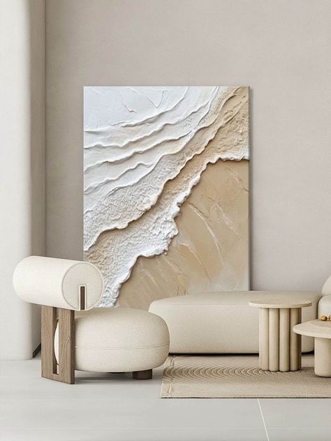 Minimalist 3d Ocean Wall Art Beige & White Ocean Waves Abstract Wall Art  Beige Abstract Painting Contemporary Beach House Decor, High End Wall Art, Textured Beach Painting, Frames On Wall Living Room, Art Frames Ideas, Living Room Art Work, Modern Living Room Wall Decor, Beach Chic Decor, Living Room Artwork