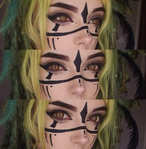 Fae Cosplay Makeup, Fairy Markings, Link Cosplay Makeup, Green Fantasy Makeup, Face Markings Makeup, Woodland Witch Makeup, Green Hair Costume Ideas, Fae Markings, Fae Larp