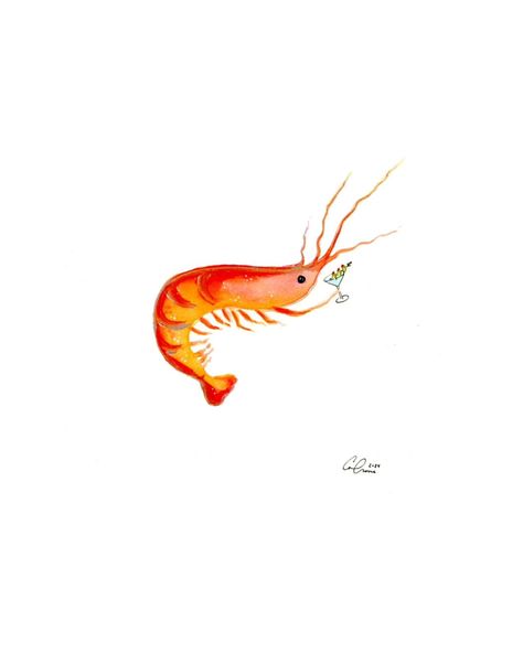 Corrine (McBreen) Crone | Just a single lil' cocktail shrimp ! 🦐🍸 watercolor & ink illustration #shrimp #art #shrimpart #watercolor #martini #art | Instagram Watercolor Art Doodles, Shrimp Illustration Cute, Martini Painting Easy, Shrimp Character Design, Orange Things To Draw, Popcorn Watercolor, Shrimp Watercolor, Cocktail Art Illustration, Shrimp Illustrations