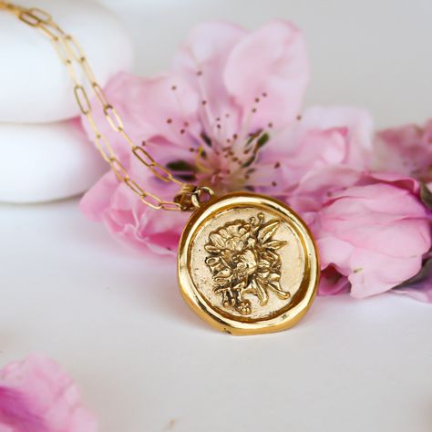 "The bloom on this pendant is lush beyond expectations. Looking at it gives the feeling of falling in love. Handmade in solid sterling silver, 24K gold vermeil. The pendant is 1\" wide on 16\" or 18\" paperclip chain." Wax Seal Necklace, Coin Pendant Necklace, Floral Pendant, Silver Art, Lovely Necklace, Chain Necklaces, Birth Flower, Wax Seal, Coin Pendant