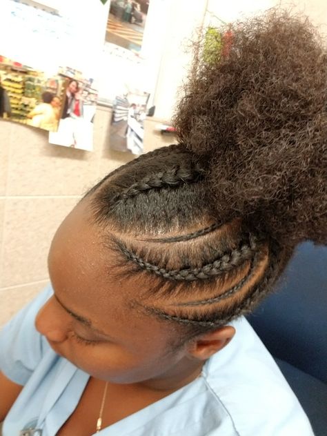 Half Braided Puff Updo on My Natural Hair Braided Bun Natural Hairstyles, Puff Updo Hairstyles Black Hair, Braids Into Puff Natural Hair, Braided Puff Hairstyles Black Women, Braid Puff Natural Hair, Natural Hair Styles Easy 4c Short Puff, Braided Puff Hairstyles, Cornrows With Afro Puff, Puff With Braids