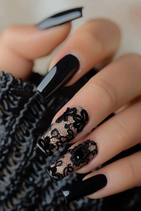 Explore a stunning collection of 25 sophisticated black lace nail art designs to take your manicure to the next level! Unveil intricate details and chic styles that will captivate everyone's gaze while adding a touch of elegance to your look. Let your nails steal the spotlight with these exquisite designs! Black Lace Nails, Lace Nail Design, Stiletto Shaped Nails, Lace Nail Art, Graduation Nails, Elegant Nail Art, Lace Nails, Pointed Nails, Black Nail Designs