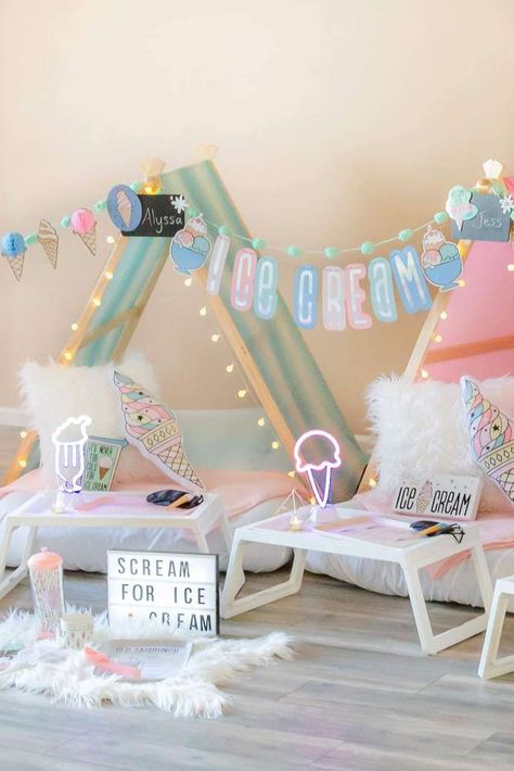 The teepees at this Ice Cream Slumber  Party are adorable! See more party ideas and share yours at CatchMyParty.com #catchmyparty #partyideas #slumberparty #icecreamparty Birthday Party Ideas Sleepover, Ice Cream Birthday Party Ideas, Ice Cream Themed Birthday Party, Ice Cream Themed Birthday, Girls Sleepover Party, Sleepover Tents, Glamping Birthday, Birthday Sleepover Ideas, Slumber Party Birthday