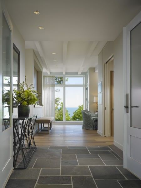 Slate flooring, transition into wood Grey Bathroom Floor, Vstupná Hala, Entryway Tile, Modern Hall, Foyer Flooring, Entryway Flooring, Natural Stone Flooring, Large Tile, Slate Flooring