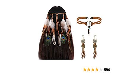 Amazon.com: Finrezio Indian Feather Headband Earrings Retro Choker Necklace for Women Teen Girls Handmade Hemp Rope Wood Beads Boho Peacock Feather Hairband Tassel Headdress Jewelry Set : Clothing, Shoes & Jewelry Native American Style Outfits, Native American Bow, Bohemia Design, Dress With Feathers, Bohemian Dreamcatcher, Indian Feathers, Headband Accessories, Feather Headpiece, Retro Necklaces