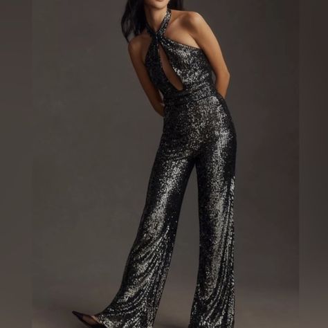 Maeve Sequin Halter Cutout Sexy Stretchy Jumpsuit Black Silver Women's Size 00 Hidden Back Zipper Side Slant Pockets Fabric Has Stretch Lined Machine Wash Cold Great Stretchy Jumpsuit, Sequin Halter, Halter Jumpsuit, Jumpsuit Black, Black Jumpsuit, Black Silver, Black Gray, Pant Jumpsuit, Anthropologie