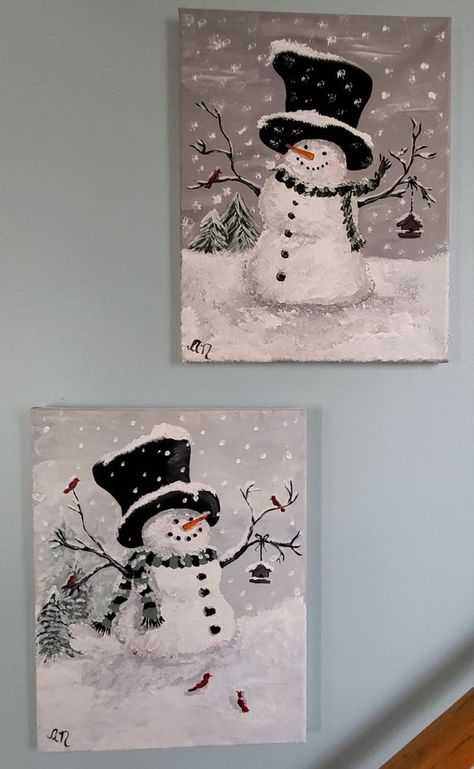 Acrylic Painting Tutorials for Beginners & Beyond | A Michelle the painter tutorial top pic, about three years ago, and my version on the bottom | Facebook Michelle The Painter Tutorials, Easy Winter Paintings For Beginners, Acrylic Painting Tutorials For Beginners, Xmas Paintings, Michelle The Painter, Painting Tutorials For Beginners, Painted Snowmen, Direct Painting, Oil Painting For Beginners