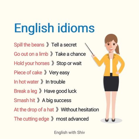 English Vocabulary & Grammar on Instagram: "English idioms! ⤴️ Share 📩 Save ♥️ Like 🏷 Tag friends If you want to improve your English vocabulary, subscribe to our YouTube channel. Visit link in bio. #idiomoftheday #Idioms #idiomaticexpressions #EnglishExpressions #englishspeaking #ielts" English Improvement, Idioms English, Everyday English, Idiomatic Expressions, English Phrases Idioms, Idioms And Phrases, Advanced English, Common Phrases, English Vocab