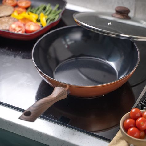 Non Stick Induction Wok Pan – Deep Stir Fry Pan with Glass Lid – 28 cm Frying Pan – by Nuovva : Amazon.co.uk: Home & Kitchen Frying Pan Photography, Frying Pan Aesthetic, Non Stick Wok Pan, Egg Frying Pan, Wok Pan, Deep Frying Pan, Induction Hob, Fry Pan, Non Stick