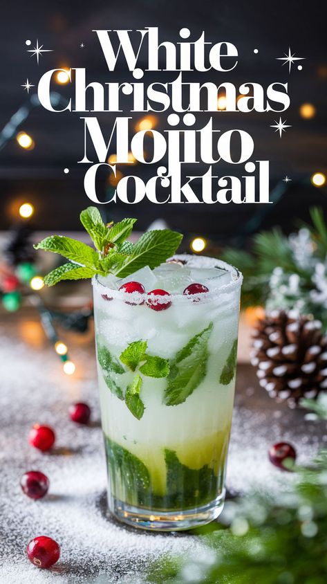 "Discover the perfect White Christmas Mojito cocktail recipe for your holiday celebrations! This refreshing twist on the classic mojito combines winter flavors, making it an ideal choice for festive drink recipes. Elevate your Christmas party drinks with this delightful winter cocktail idea that will impress your guests. Explore various mojito variations and make your holiday cocktails unforgettable! Cheers to a magical season!" White Christmas Cocktail Recipe, White Christmas Mojito Recipe, Mojito Variations, Christmas Mojitos, Christmas Mojito Recipe, Winter Cocktail Ideas, Winter Mojito, White Christmas Mojito, Festive Christmas Drinks