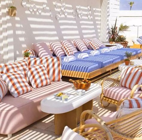 Striped Pool Furniture, Striped Outdoor Sofa, Paradiso Ibiza Art Hotel, Pool Rattan Corner Sofa Sets, Cabana Stripe Beach Towel, Rooftop Pool, Pattaya, Saint Tropez, My Happy Place