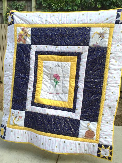 Beauty and the Beast quilt. Really simple with some fun blocks. It's so easy to do and looks so fun! #Disney #quilt Beauty And The Beast Themed Nursery, Beauty And The Beast Nursery Ideas, Beauty And The Beast Nursery Theme, Beauty And The Beast Guest Bedroom, Beauty And Beast Baby Room, Beauty And The Beast Nursery, Beauty And The Beast Quilt, Disney Princess Quilts Ideas, Beauty And The Beast Crafts