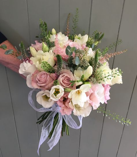 A dainty bouquet in pale pinks and creams, tied with organza ribbon. Prom Bouquet, Prom Flowers, Summer Bouquet, Organza Ribbon, Happy Wedding, Ribbon Flowers, Pale Pink, Summer Time, Pretty Flowers