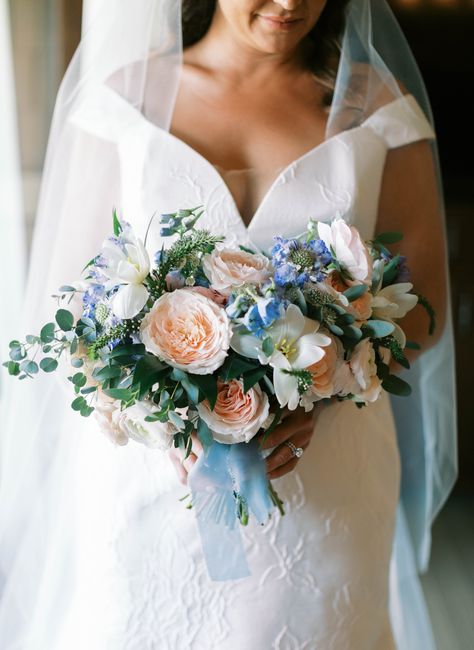 Blue Bridal Bouquet - Romantic Floral Summer Mountain Wedding in Park City Summer Mountain Wedding, Blue Bridal Bouquet, Bridal Bouquet Blue, Pastel Bouquet, Bouquet Rose, Bridal Bouquet Pink, White Bridal Bouquet, Blue Florals, Deer Valley