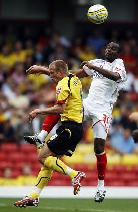 Watford 3 Southampton 2 in Sept 2007 at Vicarage Road. Stern John out jumps Jay DeMerit but heads wide in the tense Championship match. Stern John, The Tenses, Southampton, Jay, Running, Road