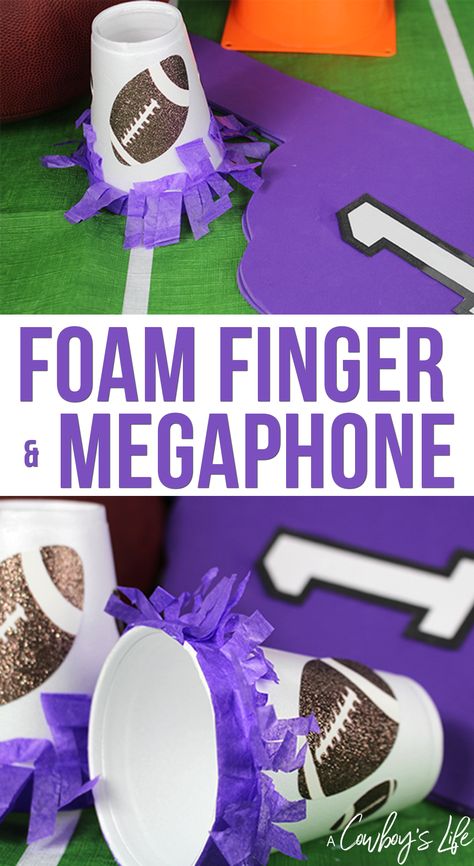 DIY Foam Finger & Megaphone - A Cowboys Life | Football Craft | Football Season Diy Foam Finger, Diy Football Game, School Spirit Crafts, Cheerleading Crafts, Team Spirit Crafts, Home Party Ideas, School Spirit Days, Cheer Megaphone, Football Diy