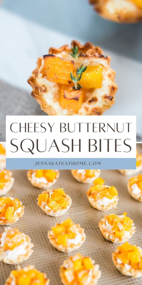 These cheesy butternut squash bites are a perfect holiday appetizer! They have all the yummy flavors you love, plus, they're easy to make ahead and reheat when you're ready to eat. Squash Appetizer, Butternut Squash Appetizer, Squash Bites, Easy Holiday Party Appetizers, Cheesy Butternut Squash, Cream Cheese Appetizer, Cranberry Salsa, Baked Goat Cheese, Goat Cheese Tart