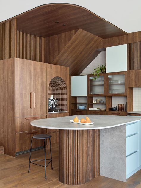 Arched Wall Niche, Kitchen Island Bench, Timber Battens, Walnut Timber, Coffee Nook, Stone Kitchen, Character Home, Family Kitchen, Kitchen Trends