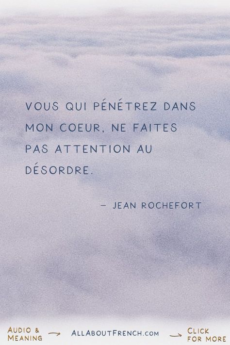 Want to know more about this romantic French quote? Click on it and access a complete guide with: meaning, how to use, slow audio pronunciation, dialog example and much more! 🚀 Free French lessons for beginners with AUDIO ❤ #learnfrench #french #frenchlanguage #speakfrench #frenchforbeginners #learningfrench #fle #frenchquotes #frenchquote #frenchcitation Short French Quotes, French Quotes With Translation, Romantic French Phrases, French Lessons For Beginners, Free French Lessons, Learn French Beginner, French Quote, Short French, French For Beginners