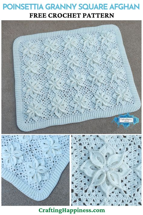 Free crochet pattern for White Poinsettia Blanket with step by step written pattern tutorial by Crafting Happiness. Poinsettia Granny Square, Crotchet Blankets, Crochet Flower Squares, Afghan Squares, Crochet Pattern Tutorial, White Poinsettia, Squares Crochet, Crocheted Things, Crochet Squares Afghan