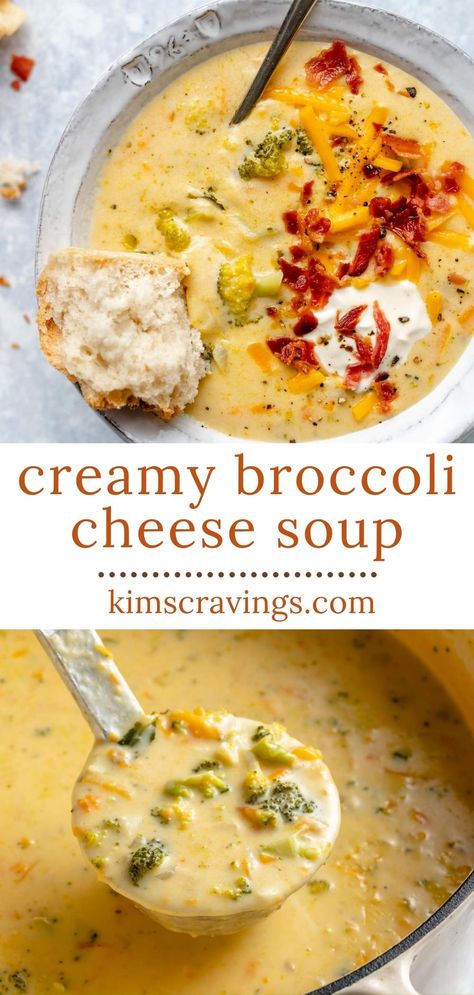 Deliciously creamy Broccoli Cheese Soup packed with veggies and wonderful cheesy flavor! This comforting soup recipe is easy to make and tastes so much better than the restaurant version. Top it with a dollop of sour cream and crispy bacon crumbles for a loaded broccoli cheese soup! Creamy Broccoli Cheese Soup, Loaded Broccoli, Best Broccoli Cheese Soup, Broccoli Cheese Soup Recipe, Cheese Soup Recipe, Comforting Dinner, Broccoli Cheese Soup Recipes, Cheese Soup Recipes, Creamy Broccoli