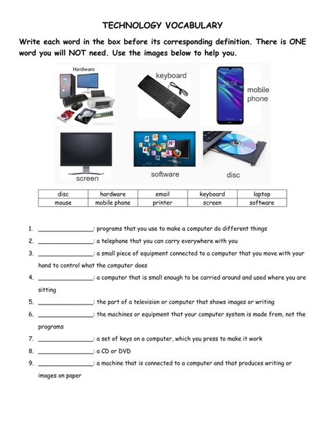 Technology Vocabulary, The Worksheet, Grade 7, Laptop Mouse, Vocabulary Worksheets, English As A Second Language (esl), English As A Second Language, Interactive Activities, School Subjects