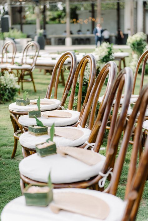 Garden Chic Wedding, Summer Island, Ceremony Details, Ceremony Chairs, Wooden Chairs, Lounge Bar, Wedding Fans, Bentwood Chairs, Wedding Leaves