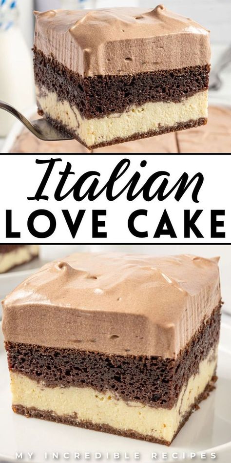 This Italian love cake is a scrumptious dessert for Valentine's Day or any occasion! It is a delightful chocolate cake made with a ricotta base that is then topped with a rich chocolate pudding frosting. A luscious and melt-in-your-mouth cake this love cake will be the talk of the night. Try it today! Chocolate Pudding Frosting, Italian Love Cake, Pudding Frosting, Italian Love, Italian Cake, Dessert Simple, Scrumptious Desserts, Incredible Recipes, Cake Mix Recipes