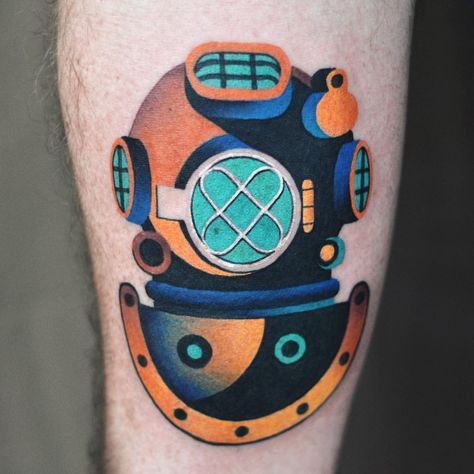 Scuba done at @brownbrotherstattoo Diving Helmet Tattoo, Samurai Helmet Tattoo, Scuba Tattoo, Traditional Tattoo Woman, Interesting Tattoos, Helmet Tattoo, Diving Helmet, Watercolor Tattoos, Tatuaje A Color