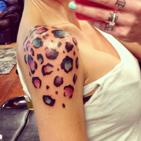 Lisa frank leopard Lisa Frank Leopard Print Tattoo, Watercolor Leopard Print Tattoo, Lisa Frank Tattoos, Animal Print Tattoo For Women, Lisa Frank Tattoo Ideas, Leopard Print Tattoo For Women, Leopard Spots Tattoo, Bright Tattoos For Women, Lisa Frank Cheetah