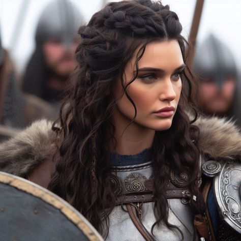 Warrior Female Hairstyles, Vikings Wedding Hair, Brunette Viking Hair, Viking Hair Curly, Dark Fantasy Hairstyles, Elven Hairstyles Short Hair, Warrior Woman Hairstyle, Warrior Princess Hairstyles, Hair Vikings Women