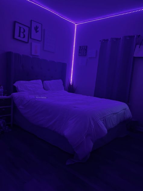 Grey Velvet Bed, Lounge Aesthetic, Purple Led Lights, Room Organization Bedroom, Bedroom Aesthetics, Led Lighting Bedroom, 2024 Year, Grey Room, Bedroom Space