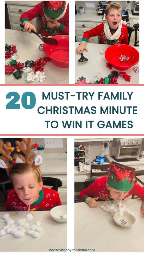 Child participating in various Christmas-themed Minute to Win It games, such as blowing cotton balls, using a spatula to transfer ornaments, and other activities. Text reads "20 Must-Try Family Christmas Minute to Win It Games". Christmas Minutes To Win It Games, Cheap Christmas Games For Kids, Christmas Mini Games Minute To Win It, Fun Games For Christmas Party Families, Kid Minute To Win It Games Christmas, Easy Christmas Minute To Win It Games, Christmas Olympic Games Kids, Xmas Eve Games For Family, Family Christmas Olympics