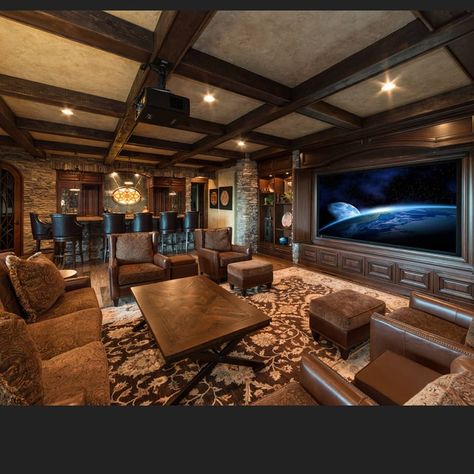 Luxury Man Cave, Black Basement, Man Cave Basement Ideas, Modern Man Cave, Rustic Man Cave, Movie Theater Rooms, Cave Room, Man Cave Design, Theater Rooms