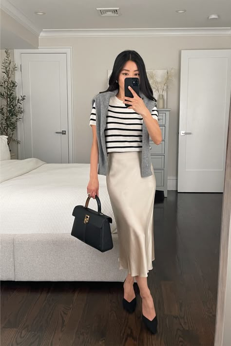 New blog post on ways to tuck a shirt Cute Modest Summer Outfits, Tuck A Shirt, Quince Outfits, Slip Skirt Outfit, Sweater Hacks, Silk Skirt Outfit, Silk Slip Skirt, Satin Skirt Outfit, Spring Skirt Outfits