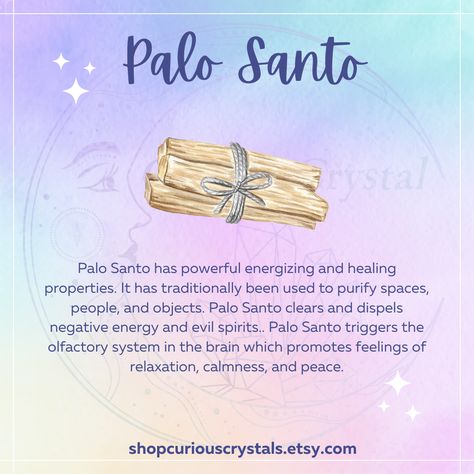 Graphic contains a digital rendering of Palo Santo and informational text about its uses. Palo Santo And Sage, Palo Santo Incense Benefits, Pablo Santo Wood Use, Pablo Santo Cleansing, When To Burn Palo Santo, How To Use Palo Santo, How To Use Palo Santo Sticks, Pablo Santo Wood Benefits, Palo Santo Smudging Prayer