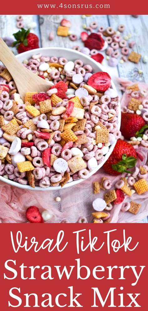 TikTok strawberry trail mix is the perfect baby or toddler snack mix that the whole family can enjoy! This sweet snack went viral for being a treat both kids and adults will love. 4sonrus is a food blog for busy families looking for easy and fast recipes. Toddler Trail Mix Recipes, Snack Trail Mix Ideas, Trail Mix With Kix Cereal, Baby Chex Mix Strawberry, Spring Trail Mix For Kids, Preschool Trail Mix Recipe, Very Berry Cheerios Recipes, Easy Spring Snacks For Kids, Summer Trail Mix Recipes For Kids