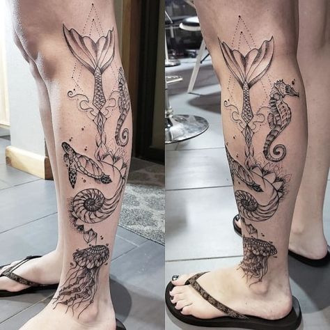 Mermaid Sleeve Tattoos, Ink Master Tattoos, Polish Tattoos, Outer Forearm Tattoo, Seashell Tattoos, Anklet Tattoos, Jellyfish Tattoo, Beach Tattoo, Forearm Tattoo Women